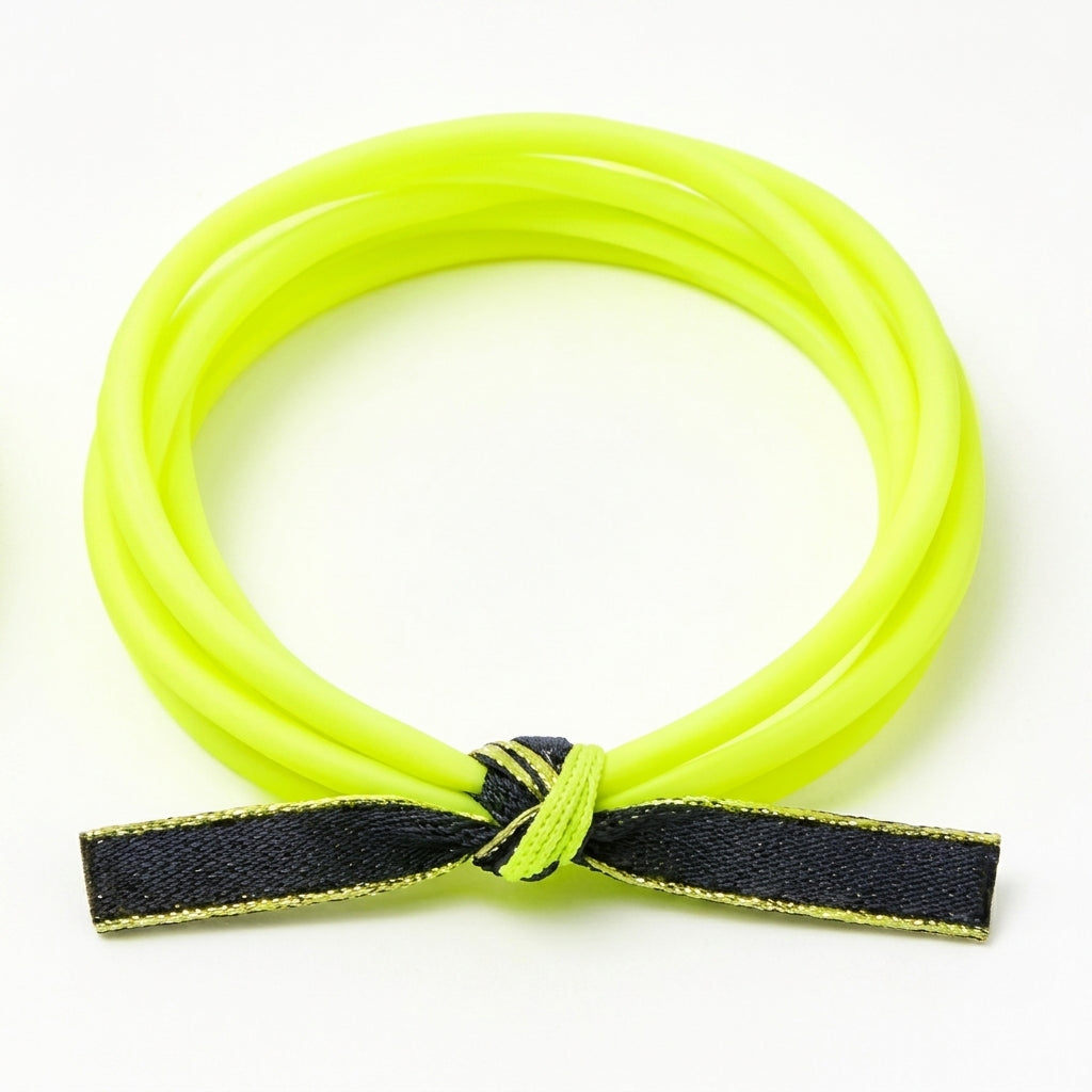 10pcs Neon Yellow Multi-Strand Bracelet with Black and Gold Ribbon