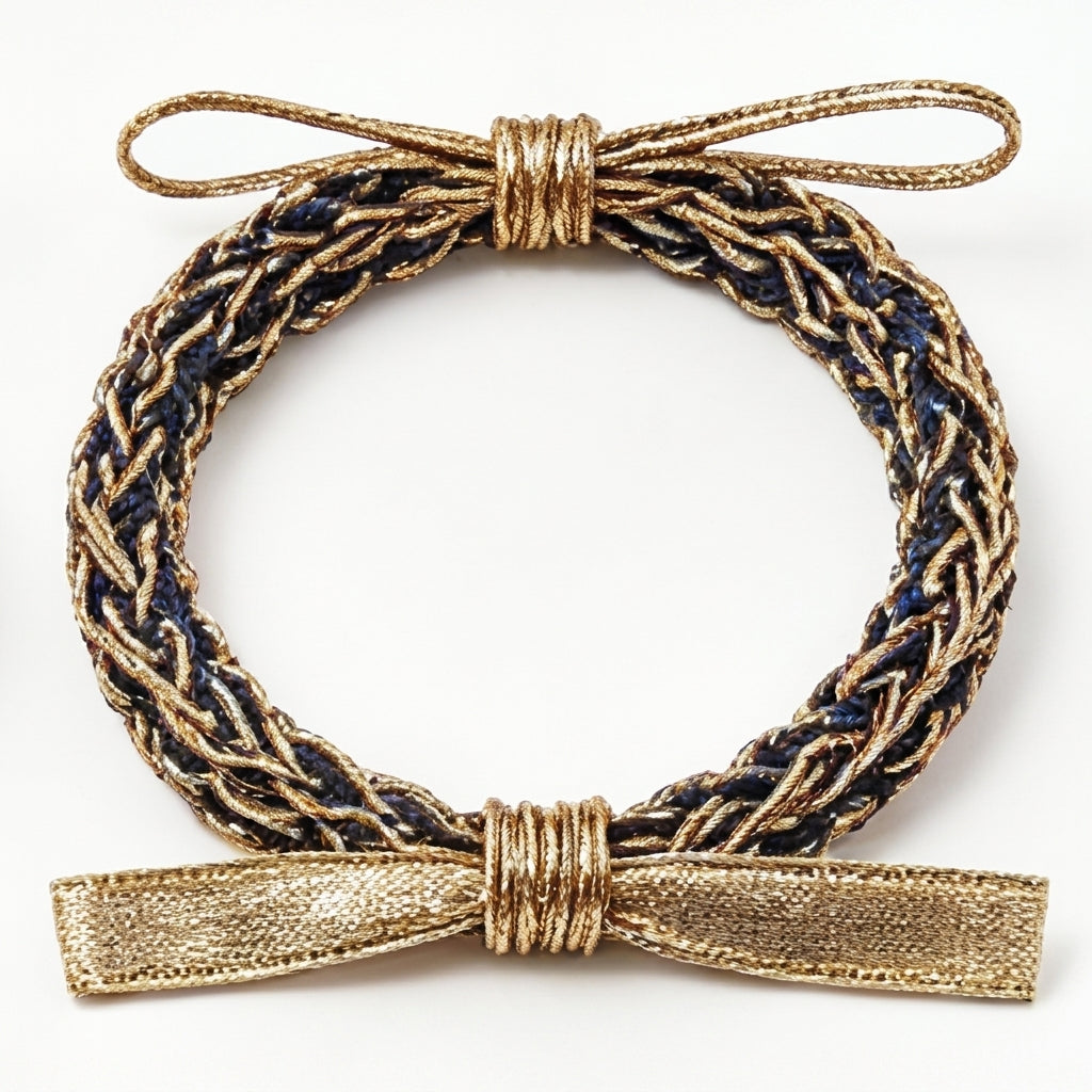 10pcs Metallic Gold and Navy Woven Bracelet with Dual Bow Accents