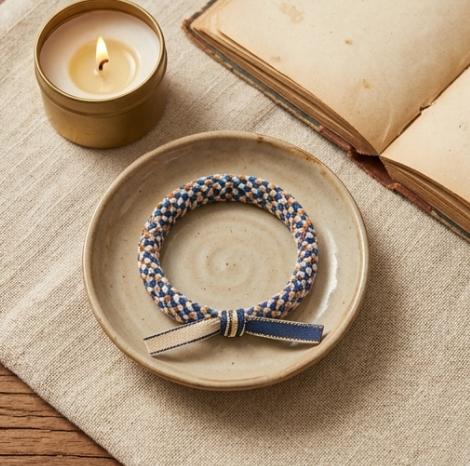 10pcs Blue and Tan Plush Woven Bracelet with Two-Tone Ribbon Bow