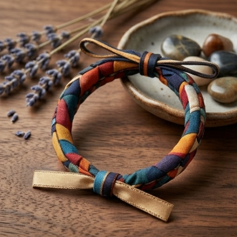 10pcs Multicolor Patchwork Braided Fabric Bracelet with Gold Ribbon Accent