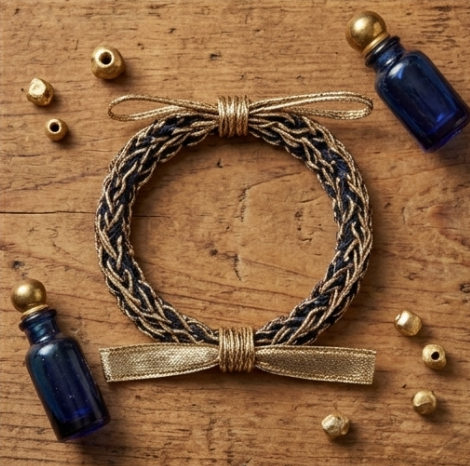 10pcs Metallic Gold and Navy Woven Bracelet with Dual Bow Accents