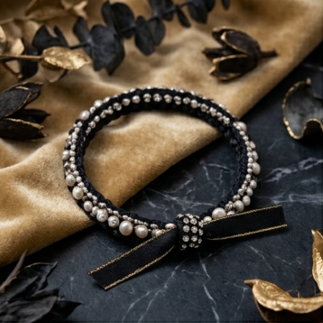 10pcs Black Braided Pearl and Rhinestone Bracelet with Gold-Edged Ribbon