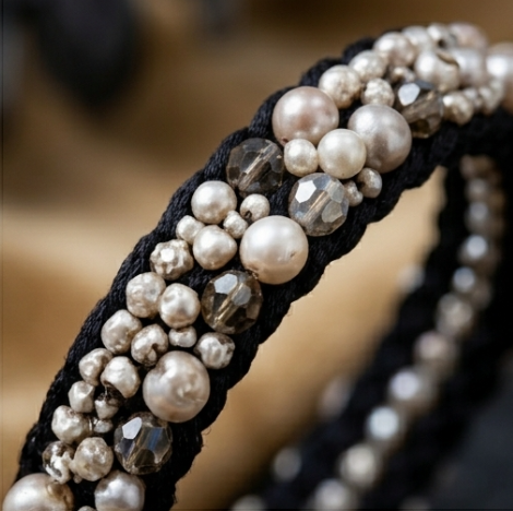 10pcs Black Braided Pearl and Rhinestone Bracelet with Gold-Edged Ribbon