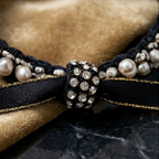 10pcs Black Braided Pearl and Rhinestone Bracelet with Gold-Edged Ribbon