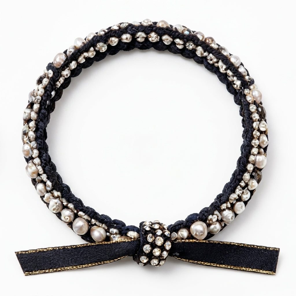 10pcs Black Braided Pearl and Rhinestone Bracelet with Gold-Edged Ribbon