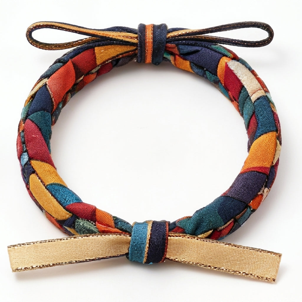10pcs Multicolor Patchwork Braided Fabric Bracelet with Gold Ribbon Accent